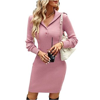 Women's Long Sleeve Sweater Dress Button Knit Slim Fit Casual V Neck Elegant Bodycon Midi Dresses