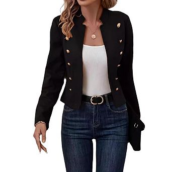 Women's Cropped Long Sleeve Blazers Double Breasted Solid Suit Jacket Stand Collar Blazer Outwear
