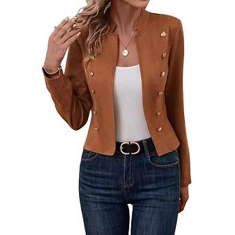 Women's Cropped Long Sleeve Blazers Double Breasted Solid Suit Jacket Stand Collar Blazer Outwear
