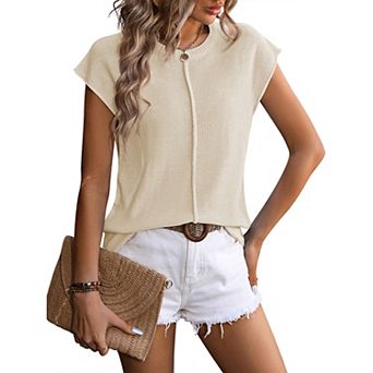 Womens Pullover Sweater Vest Crew Neck Cap Sleeve Loose Fit Ribbed Knit Top Sweaters