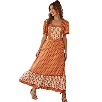 Women's Summer Boho Floral Print Dress Vintage Square Neck Ruffle Swing Flowy Beach Long Maxi Dress