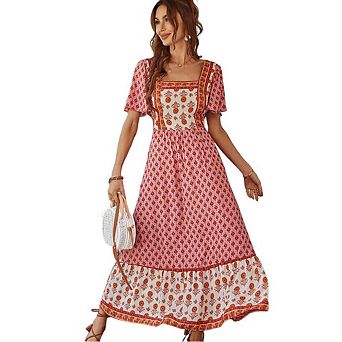 Women's Summer Boho Floral Print Dress Vintage Square Neck Ruffle Swing Flowy Beach Long Maxi Dress