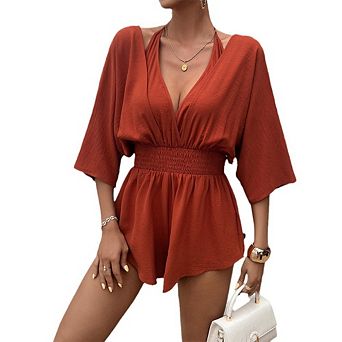 Womens V Neck Beach Romper Ruffle Layered Drawstring Waisted Shorts Jumpsuit