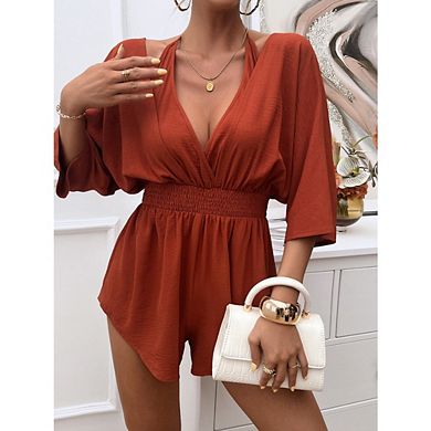 Womens V Neck Beach Romper Ruffle Layered Drawstring Waisted Shorts Jumpsuit