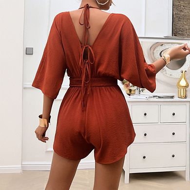 Womens V Neck Beach Romper Ruffle Layered Drawstring Waisted Shorts Jumpsuit