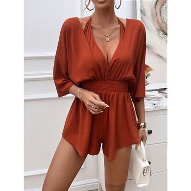Womens V Neck Beach Romper Ruffle Layered Drawstring Waisted Shorts Jumpsuit
