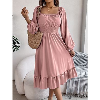 Womens Dress Lantern Sleeve Square Neck Elastic Waist Ruffle Flowy Swing A-Line Long Dresses Fall