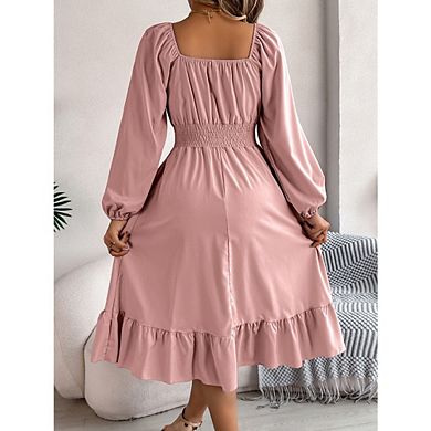 Womens Dress Lantern Sleeve Square Neck Elastic Waist Ruffle Flowy Swing A-Line Long Dresses Fall