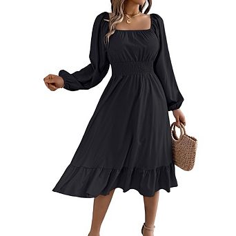 Womens Dress Lantern Sleeve Square Neck Elastic Waist Ruffle Flowy Swing A-Line Long Dresses Fall
