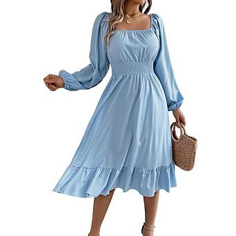 Womens Dress Lantern Sleeve Square Neck Elastic Waist Ruffle Flowy Swing A-Line Long Dresses Fall