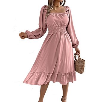 Womens Dress Lantern Sleeve Square Neck Elastic Waist Ruffle Flowy Swing A-Line Long Dresses Fall