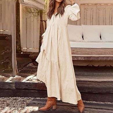 Womens Maxi Dresses V Neck Button Long Sleeve Casual Boho Flowy Beach Dress with Pockets