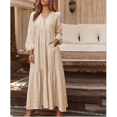 Womens Maxi Dresses V Neck Button Long Sleeve Casual Boho Flowy Beach Dress with Pockets