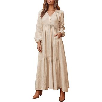 Womens Maxi Dresses V Neck Button Long Sleeve Casual Boho Flowy Beach Dress with Pockets