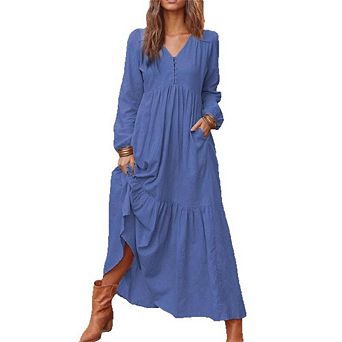Womens Maxi Dresses V Neck Button Long Sleeve Casual Boho Flowy Beach Dress with Pockets