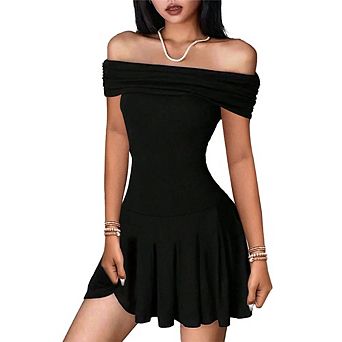 Women's Off The Shoulder Mini Dress Ruffle Hem Ruched Corset Short Cocktail Party Dresses
