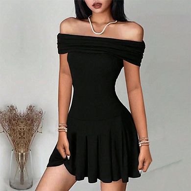 Women's Off The Shoulder Mini Dress Ruffle Hem Ruched Corset Short Cocktail Party Dresses