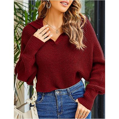 Women Soild Polo V Neck Sweater Long Puff Batwing Sleeve Knitwear Pullover Sweater Jumper Tops
