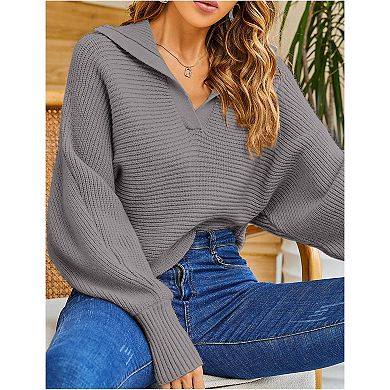 Women Soild Polo V Neck Sweater Long Puff Batwing Sleeve Knitwear Pullover Sweater Jumper Tops