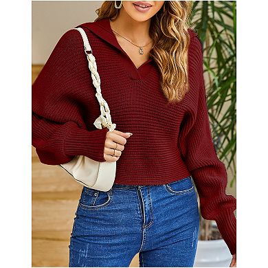 Women Soild Polo V Neck Sweater Long Puff Batwing Sleeve Knitwear Pullover Sweater Jumper Tops