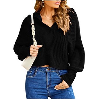 Women Soild Polo V Neck Sweater Long Puff Batwing Sleeve Knitwear Pullover Sweater Jumper Tops