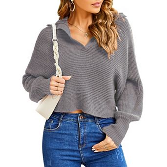 Women Soild Polo V Neck Sweater Long Puff Batwing Sleeve Knitwear Pullover Sweater Jumper Tops