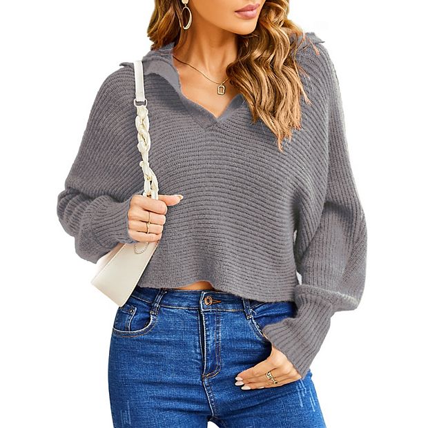 Women Soild Polo V Neck Sweater Long Puff Batwing Sleeve Knitwear