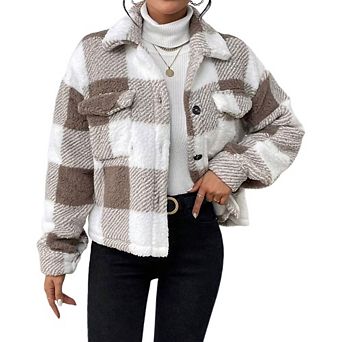 Womens Causal Western Jacket Long Sleeve Plaid Plush Flap Pockets Collared Jacket Vintage Jacket