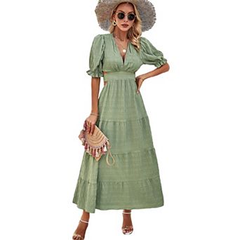Women's Lantern Short Sleeve V Neck Dress Casual High Waist Tie Ruffle Hem A Line Swing Long Dress