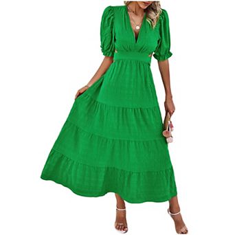 Women's Lantern Short Sleeve V Neck Dress Casual High Waist Tie Ruffle Hem A Line Swing Long Dress