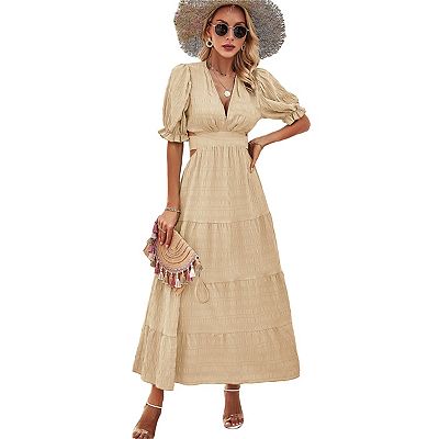 Women's Lantern Short Sleeve Plunging V Neck Dress Casual High Waist Tie Ruffle Hem A Line Swing Long Dress Khaki Large