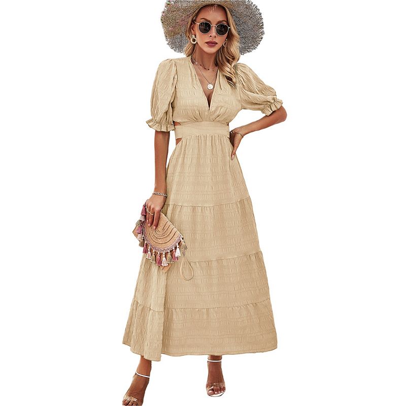 beige frill sleeve women summer maxi dress Women's Lantern Short Plunging V Neck Casual High Waist Tie Ruffle Hem A Line Swing Long Dress Khaki Large Black Maxi Dress - Size:Child 2 fiction Boho This dress effortlessly transitions
