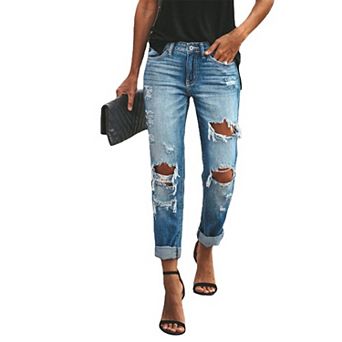 Women's Ripped Mid Waisted Boyfriend Jeans Loose Fit Distressed Stretchy Denim Pants
