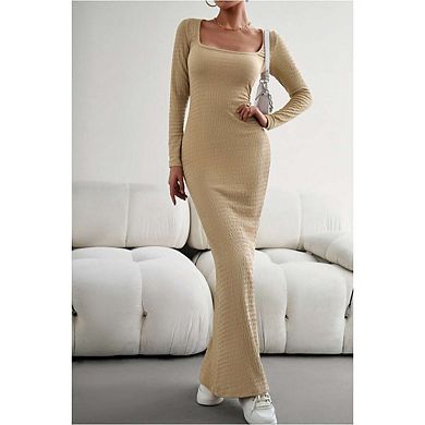 Women's Fall Long Sleeve Square Neck Bodycon Maxi Dresses Ribbed Knit Long Sweater Lounge Dress