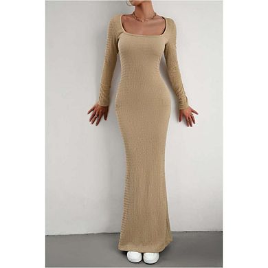 Women's Fall Long Sleeve Square Neck Bodycon Maxi Dresses Ribbed Knit Long Sweater Lounge Dress