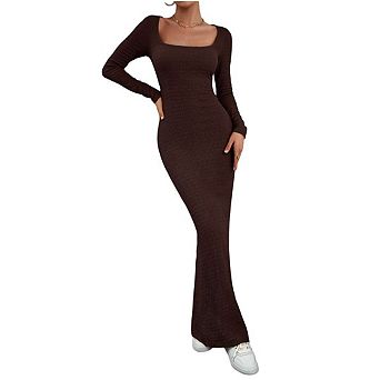 Women's Fall Long Sleeve Square Neck Bodycon Maxi Dresses Ribbed Knit Long Sweater Lounge Dress