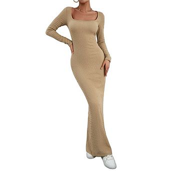 Women's Fall Long Sleeve Square Neck Bodycon Maxi Dresses Ribbed Knit Long Sweater Lounge Dress