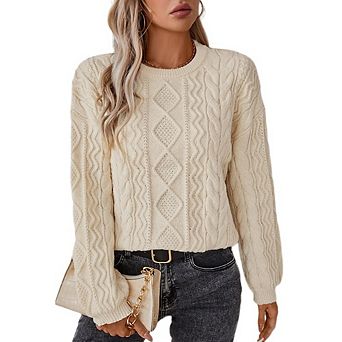 Womens Chunky Knit Sweaters Fall Winter Crew Neck Pullover Long Sleeve Warm Tops