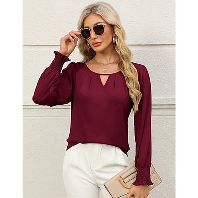 Womens Dressy Casual Keyhole Blouses Long Sleeve Tops Pleated Tops Trendy Basic Office Shirts