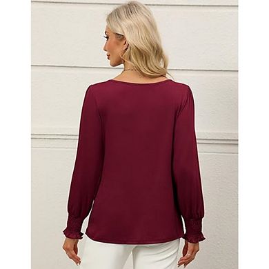 Womens Dressy Casual Keyhole Blouses Long Sleeve Tops Pleated Tops Trendy Basic Office Shirts