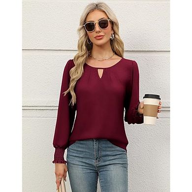 Womens Dressy Casual Keyhole Blouses Long Sleeve Tops Pleated Tops Trendy Basic Office Shirts