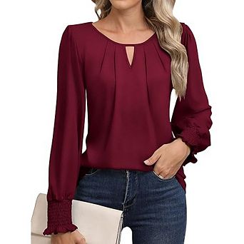 Womens Dressy Casual Keyhole Blouses Long Sleeve Tops Pleated Tops Trendy Basic Office Shirts