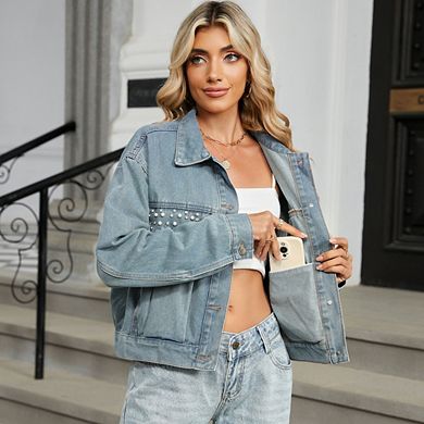 Womens Denim Jacket Embroidered Pearls Beading Jeans Coat Short Fall Coats