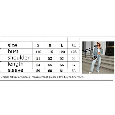 Womens Denim Jacket Embroidered Pearls Beading Jeans Coat Short Fall Coats