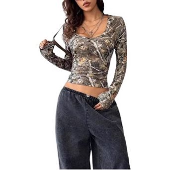 Womens Causal Long Sleeve Shirts Crop Tops Fall Fashion Deep U Neck Going Out Basics Tees