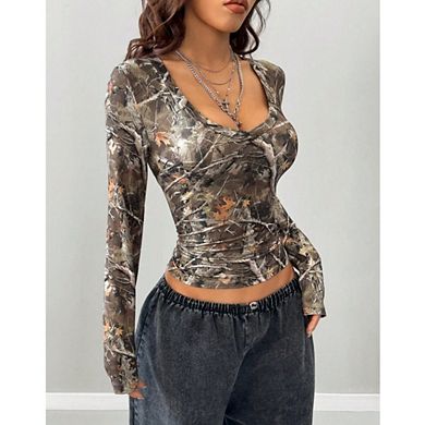 Womens Causal Long Sleeve Shirts Crop Tops Fall Fashion Deep U Neck Going Out Basics Tees