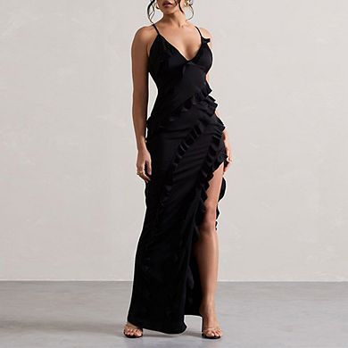 Womens Split V Neck Backless Bodycon Spaghetti Strap Elegant Ruffle Maxi Cocktail Party Dresses