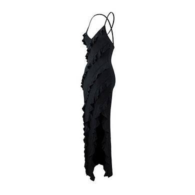 Womens Split V Neck Backless Bodycon Spaghetti Strap Elegant Ruffle Maxi Cocktail Party Dresses