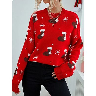 Womens Ugly Christmas Oversized Knit Sweaters Snowflake Embellished Crewneck Long Sleeve Pullover