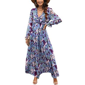 Womens Boho Floral Maxi Dresses Fall Long Sleeve V Neck Flowy Elegant Wedding Guest Vacation Outfits